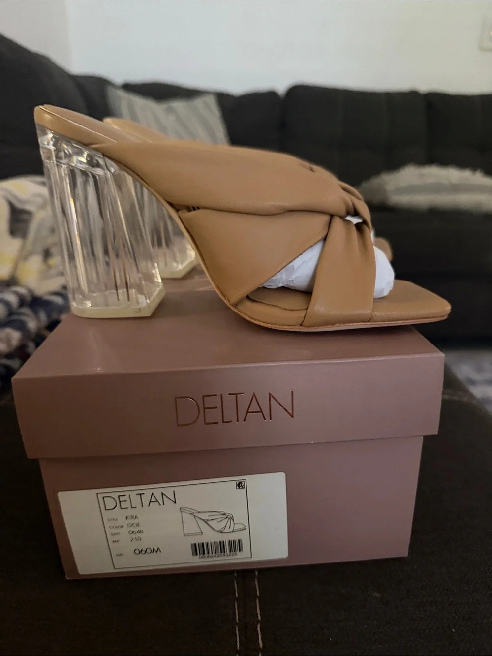 Deltan Tan Knotted Slide Heel with Clear Block